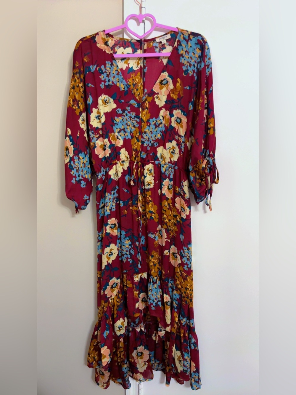 Umgee Burgundy Floral V-Neck Maxi Dress